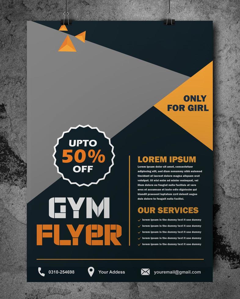 grauer Fitness-Flyer mit orangefarbenen Dreiecksakzenten vektor