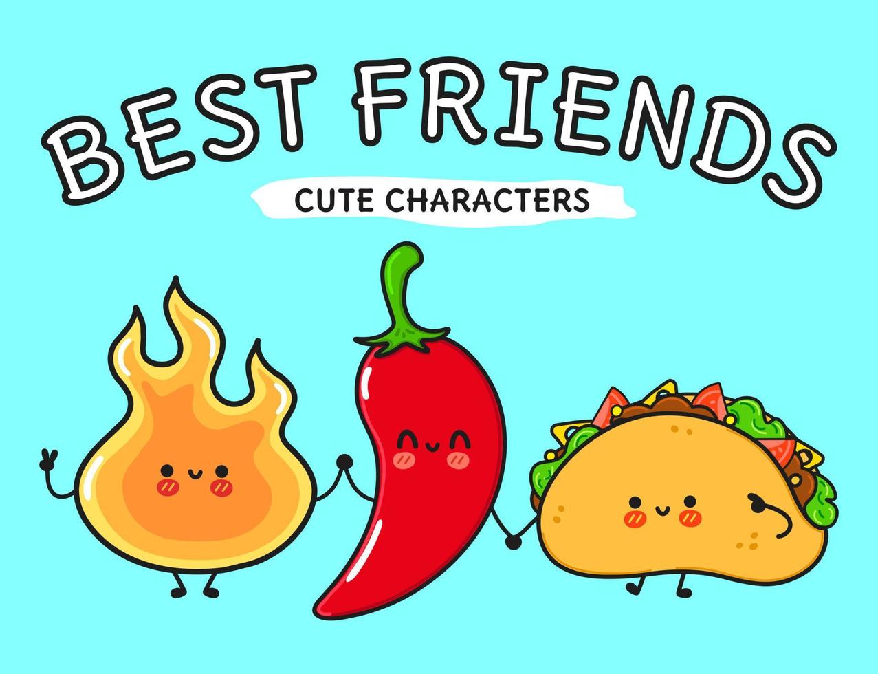 süße, lustige fröhliche Feuerpaprika und Tacos. Vektor handgezeichnete kawaii Zeichentrickfiguren, Illustrationssymbol. lustiges cartoon-feuer-chili-pfeffer- und tacos-maskottchen-charakterkonzept