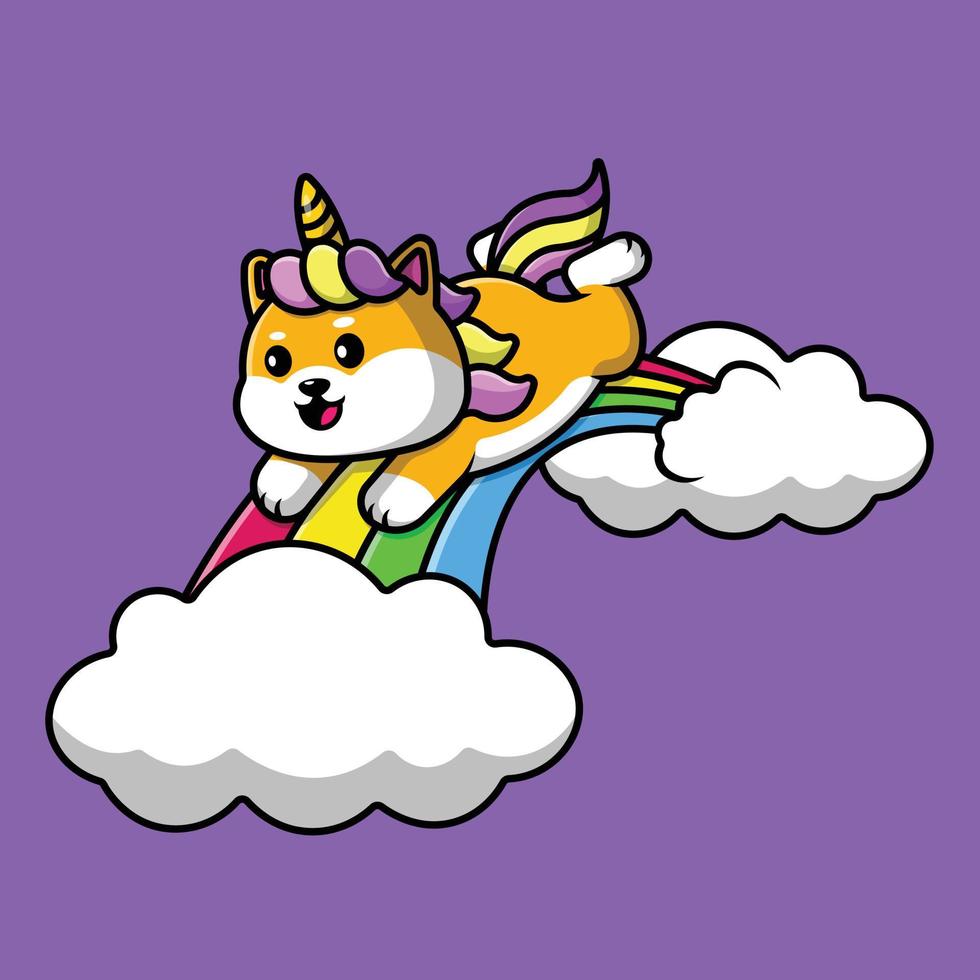 niedliches shiba inu einhorn schlitten auf regenbogen-cartoon-vektor-symbol-illustration. Tiernatur-Ikonenkonzept isolierter Premium-Vektor. vektor