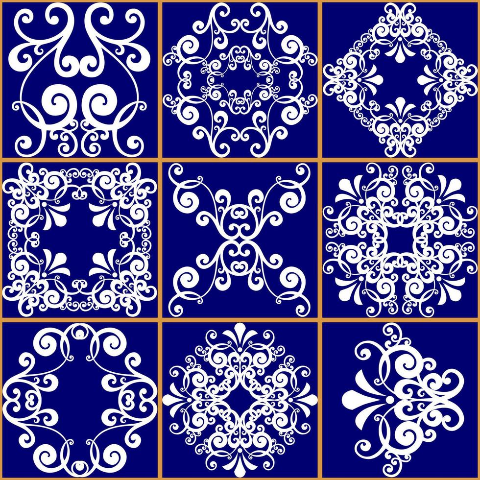 nahtlose Patchwork-Fliese. Majolika-Keramikfliese. portugiesisches und spanisches Dekor. Keramikfliesen im Talavera-Stil. Vektor-Illustration. abstrakte nahtlose Patchwork-Muster mit geometrischen und floralen Ornamenten vektor