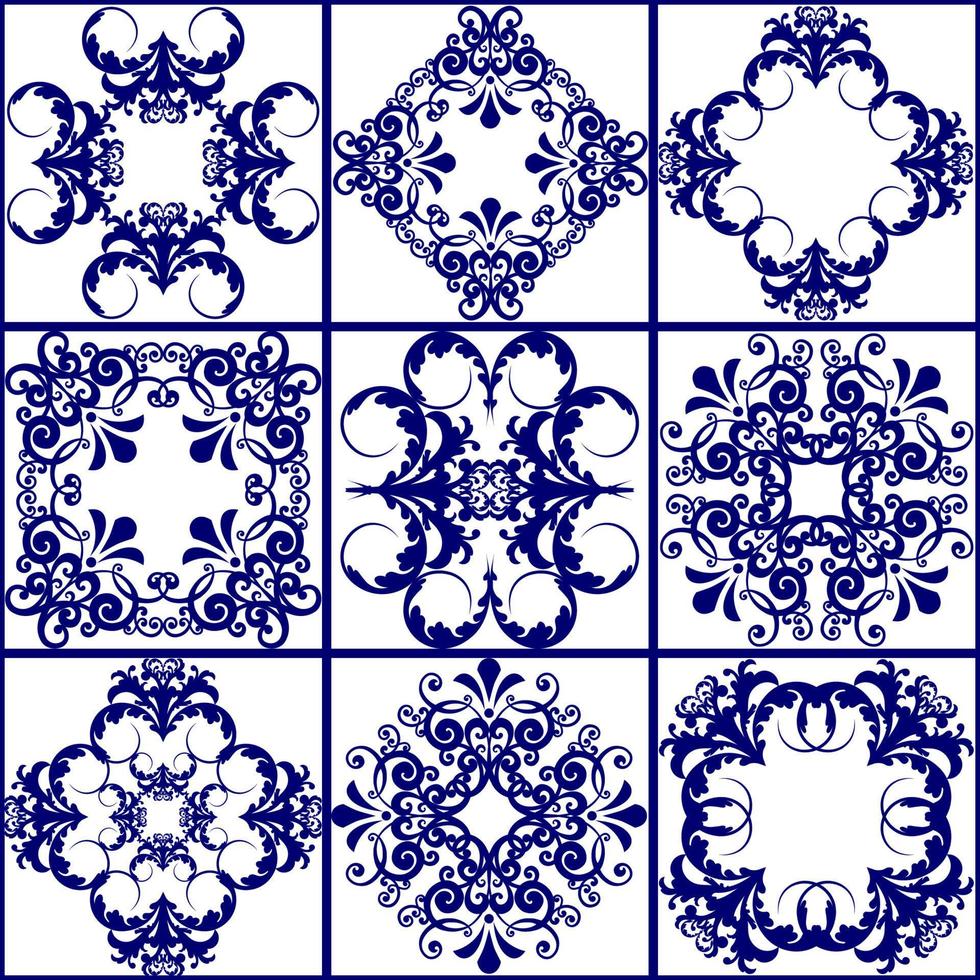 nahtlose Patchwork-Fliese. Majolika-Keramikfliese. portugiesisches und spanisches Dekor. Keramikfliesen im Talavera-Stil. Vektor-Illustration. abstrakte nahtlose Patchwork-Muster mit geometrischen und floralen Ornamenten vektor