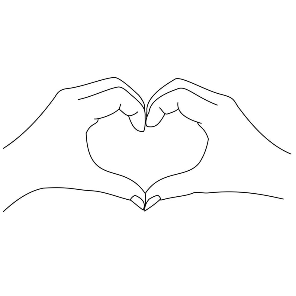 Illustrationslinie, die eine Nahaufnahme von Frauen- und Mannhänden zeichnet, die Zeichen oder Form von Herzen zeigen. Herz-Handgeste. hände von zwei verliebten menschen, die herz mit den fingern machen. Herzdesign für Hemd oder Jacke vektor