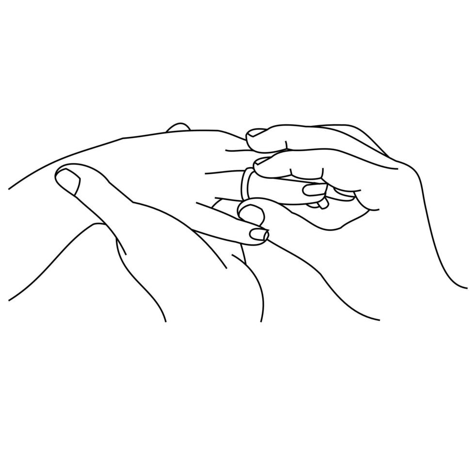 Illustration der Strichzeichnung eine Nahaufnahme von Händen, die Eheringe austauschen. Hände des Hochzeitspaares. Der Bräutigam legte der Braut einen Ehering an die Hand. Mann legt einen Verlobungsring auf den Ringfinger seiner Freundin vektor