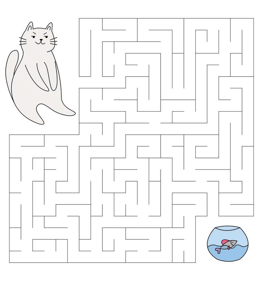 ein Labyrinth für Kinder mit mürrischer Katze. süße fette katze sucht ein aquarium mit einem fisch. Lernspiel für Kinder. Vektor-Cartoon-Illustration. vektor