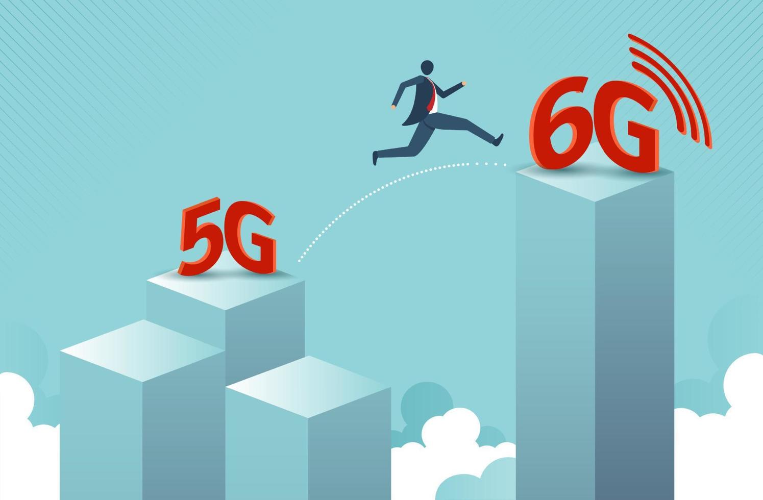 teknologiomvandling ändras från 5g till 6g av affärsman som hoppar från 5g byggnad till 6g bygger på blå himmel. anslutning och internet nätverk koncept. vektor design