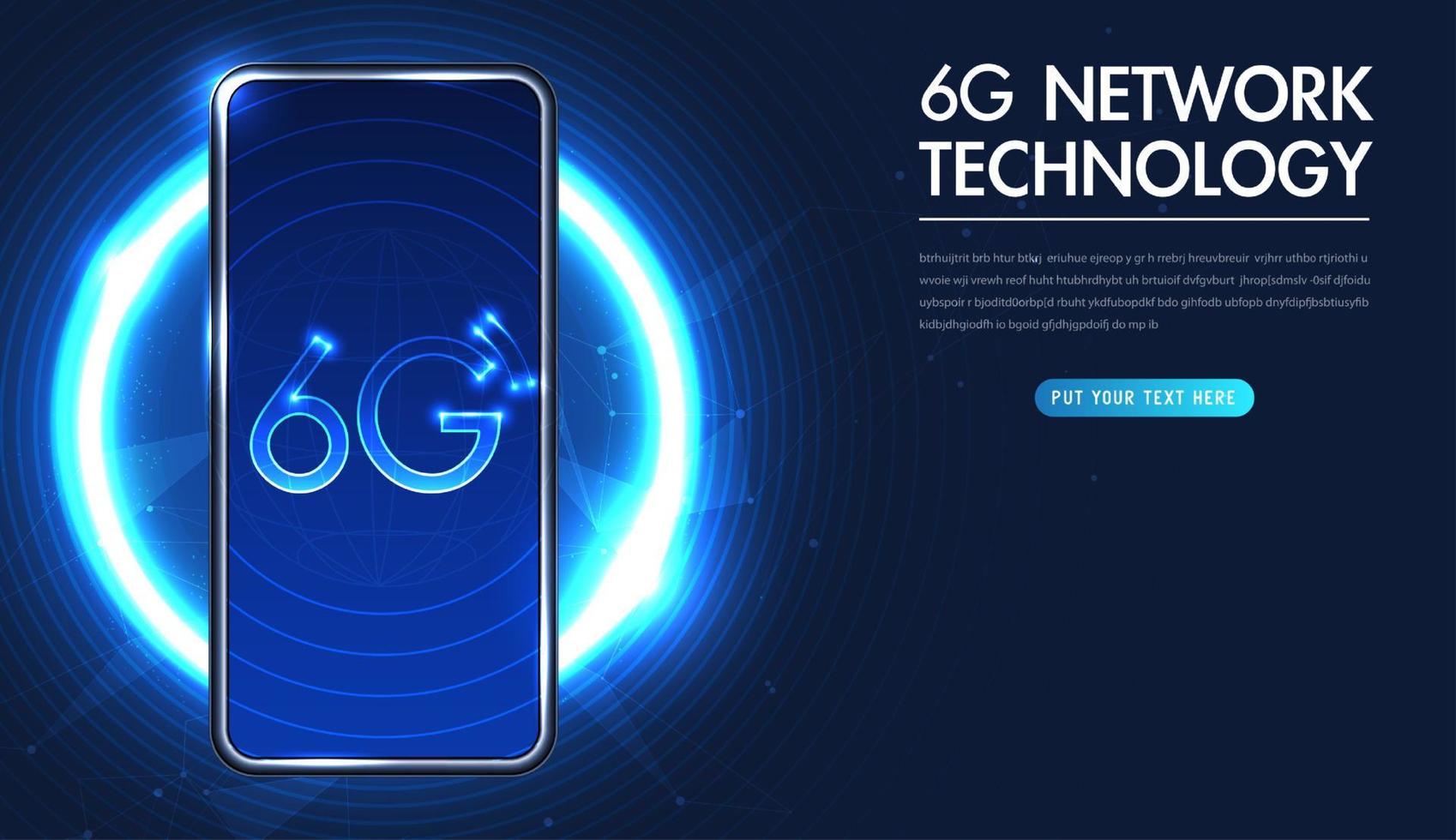 6g teknologikoncept. modern stad och kommunikation 6g nätverksanslutning koncept med smartphone. höghastighetsmobilt internet, nya generationens nätverk. mixad media. vektor design