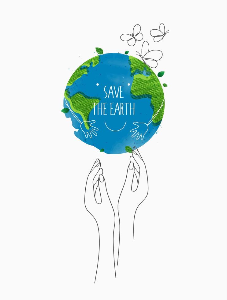 miljövänligt koncept. eko med världen, världskarta och händer för att spara miljö, rädda ren grön planet, ekologikoncept. kort för världens jorddag. vektor design