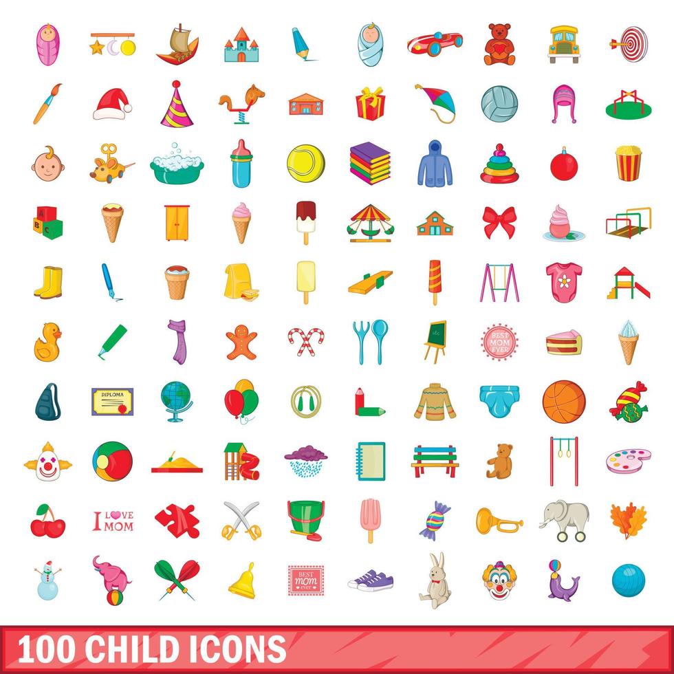 100 barn ikoner set, tecknad stil vektor