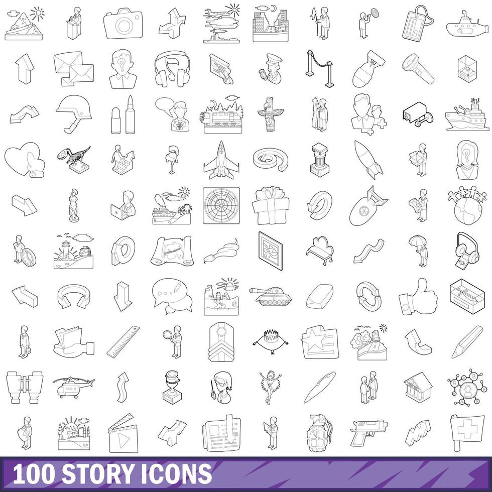 100 Story-Icons gesetzt, Umrissstil vektor