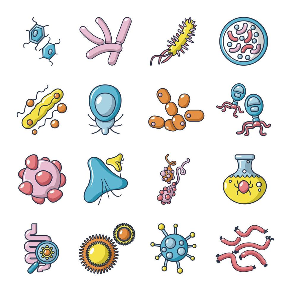 virus bakterier ikoner set, tecknad stil vektor
