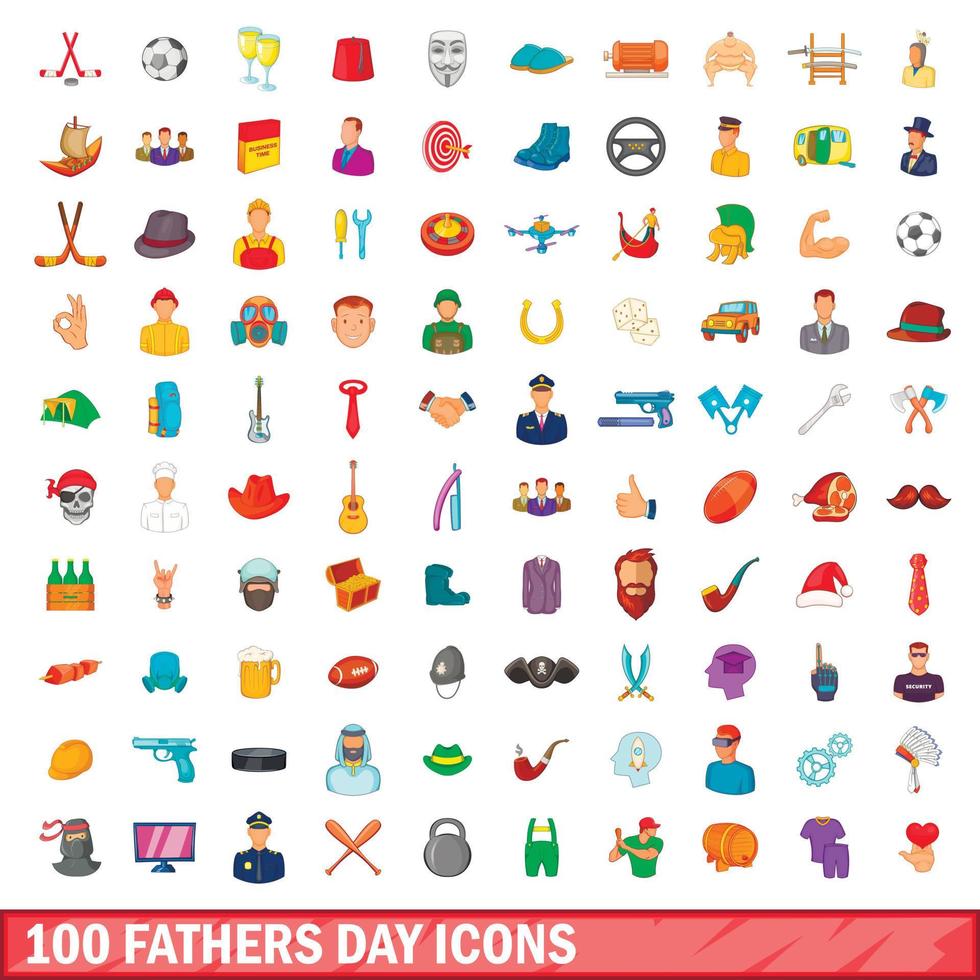 100 fars dag ikoner set, tecknad stil vektor