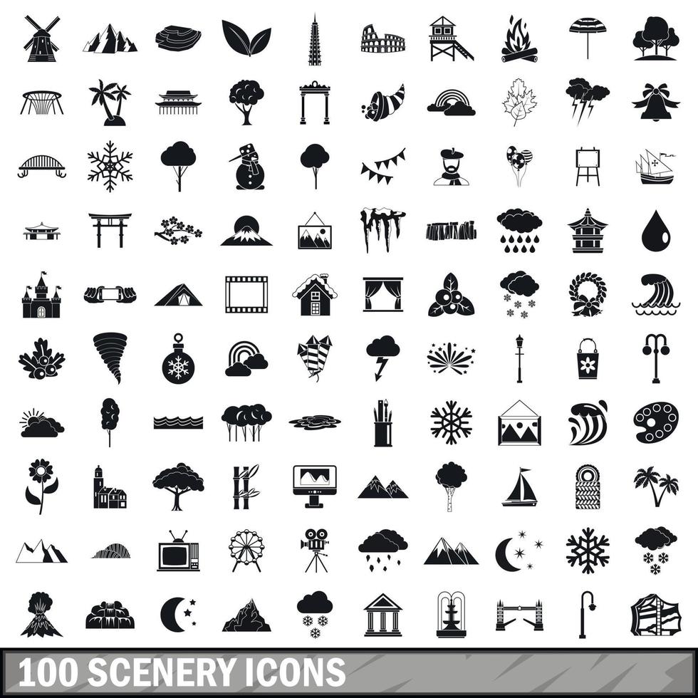 100 landskap ikoner set, enkel stil vektor
