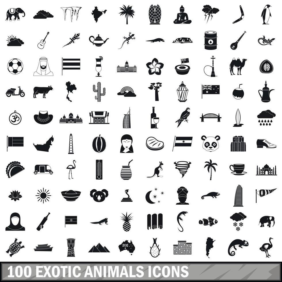 100 exotische Tiersymbole gesetzt, einfacher Stil vektor