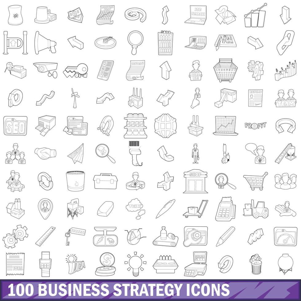 100 affärsstrategiikoner set, konturstil vektor