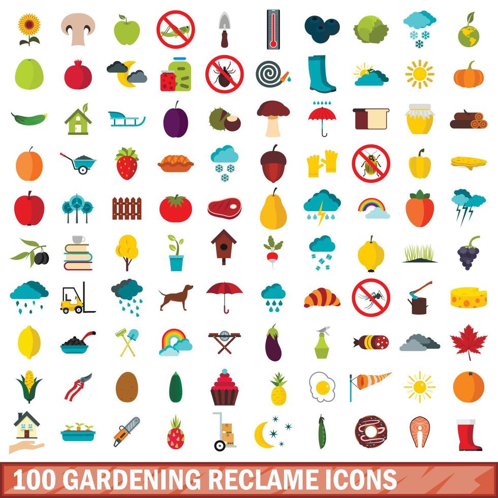 100 Garten-Reklame-Icons gesetzt, flacher Stil vektor