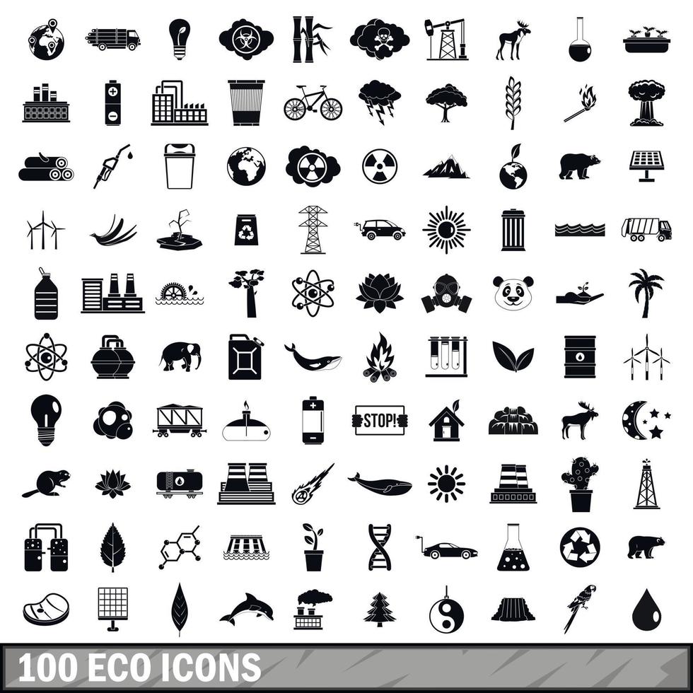 100 Öko-Icons gesetzt, einfacher Stil vektor