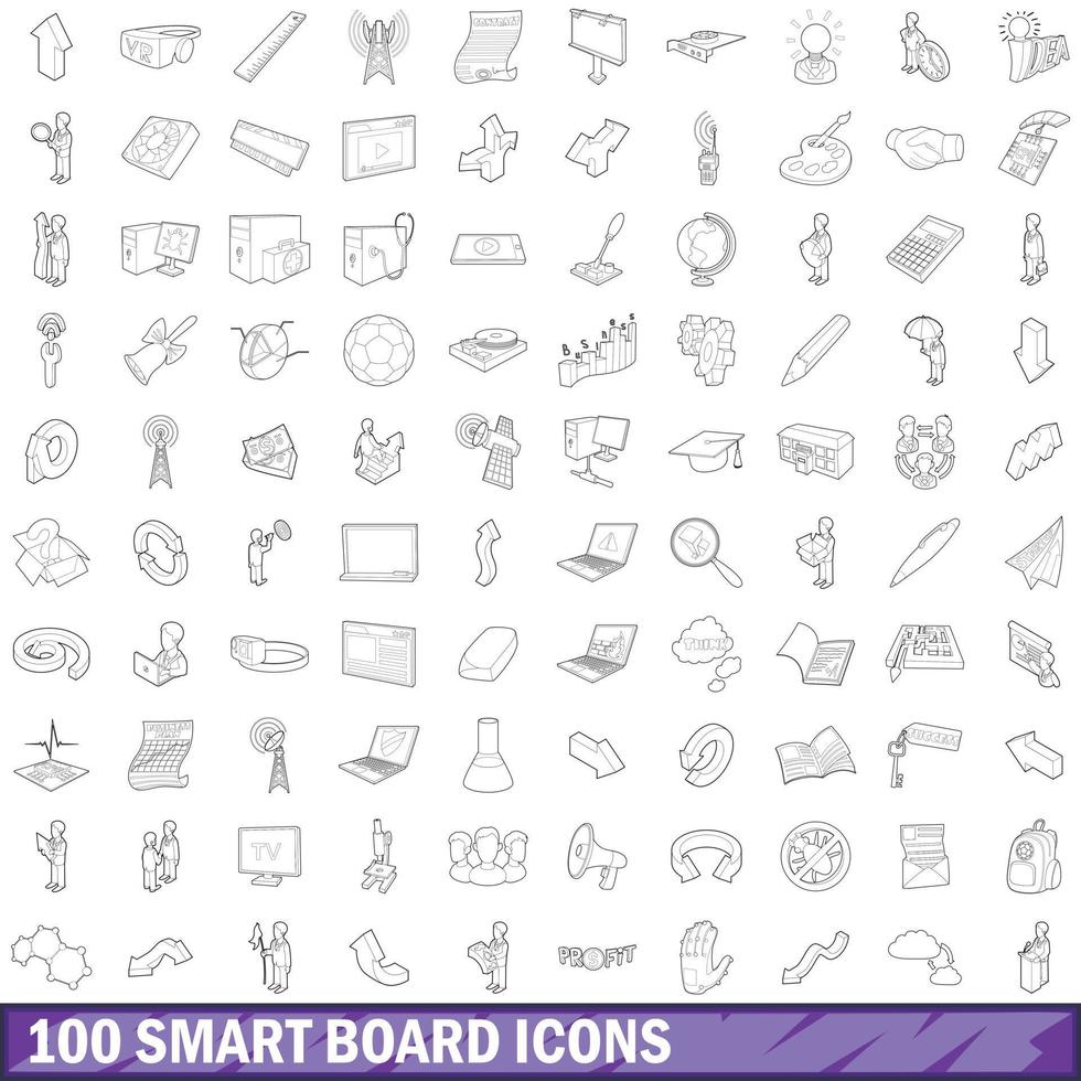 100 Smartboard-Icons gesetzt, Umrissstil vektor