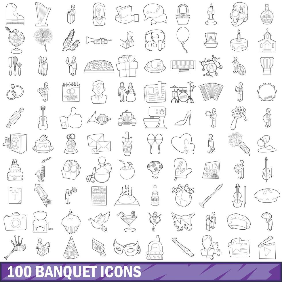 100 bankett ikoner set, kontur stil vektor