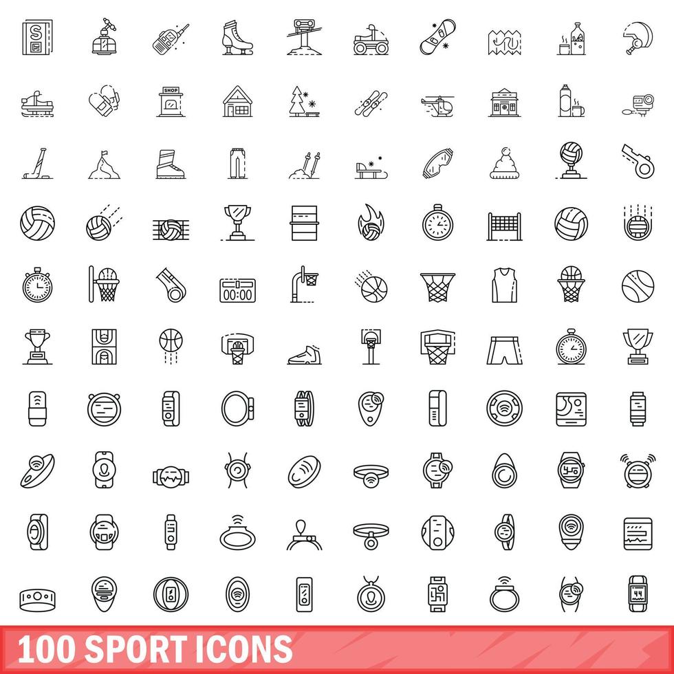 100 Sportsymbole gesetzt, Umrissstil vektor