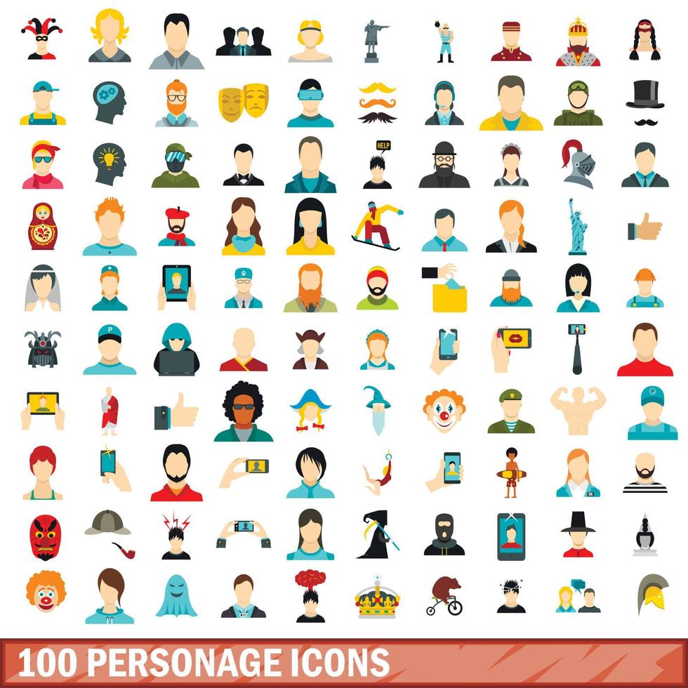 100 Persönlichkeitssymbole gesetzt, flacher Stil vektor