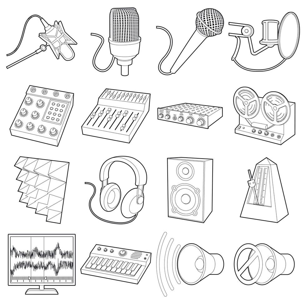 Symbole für Tonstudio-Symbole gesetzt, Umrissstil vektor