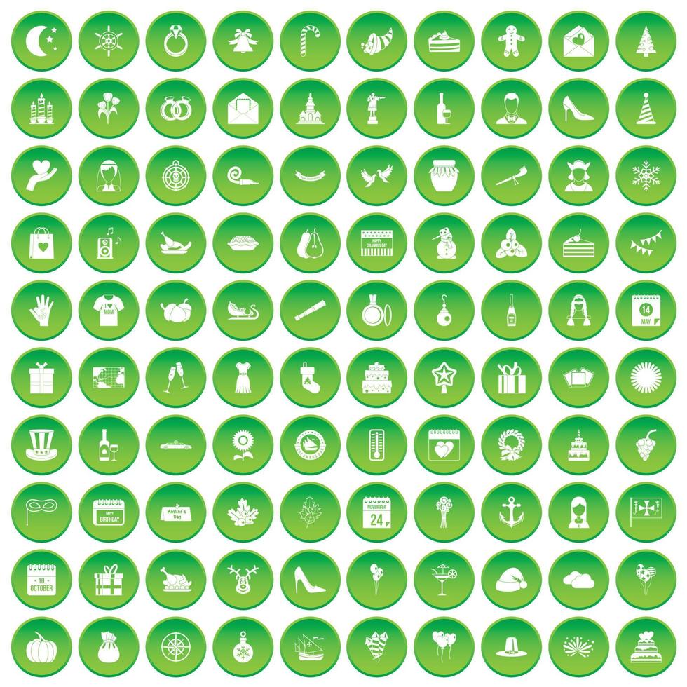 100 festliga dag ikoner som grön cirkel vektor