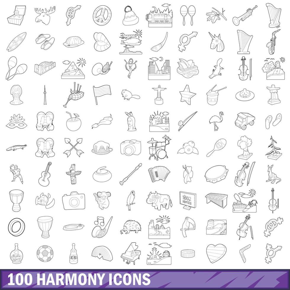 100 Harmonie-Icons gesetzt, Umrissstil vektor