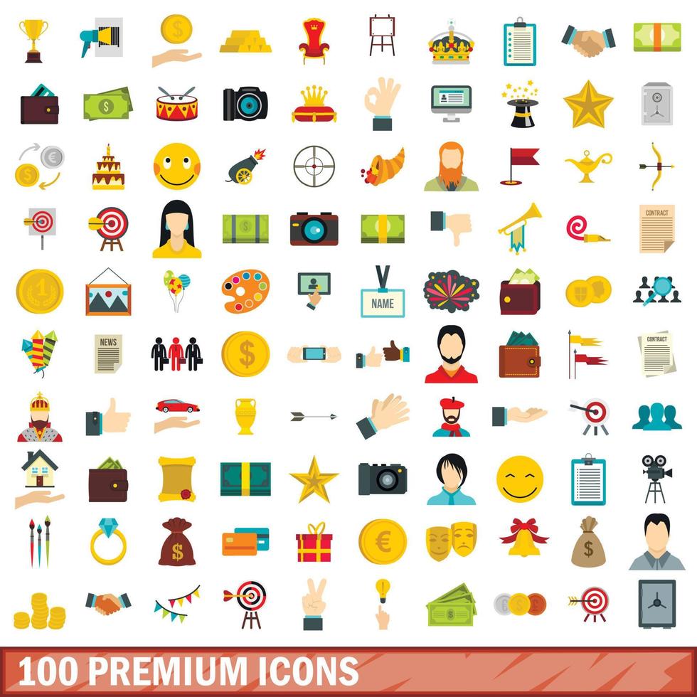 100 premium ikoner set, platt stil vektor