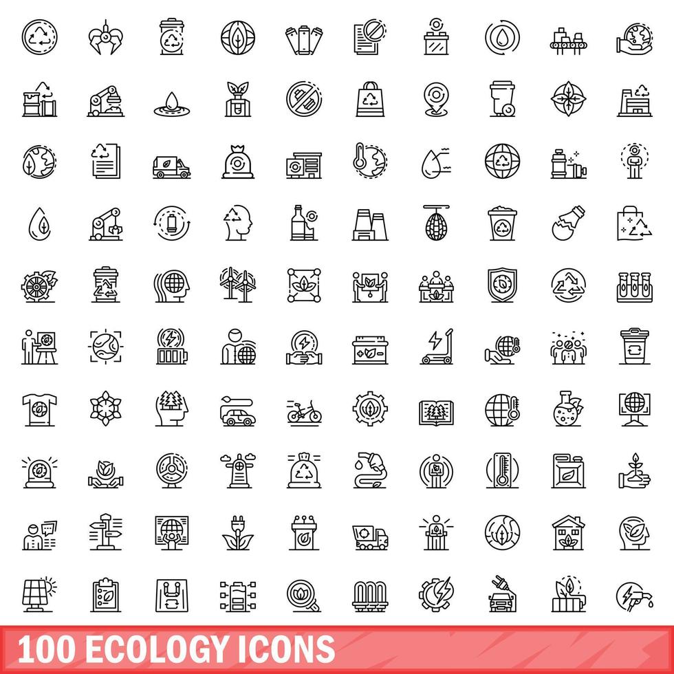 100 Ökologie-Icons gesetzt, Umrissstil vektor