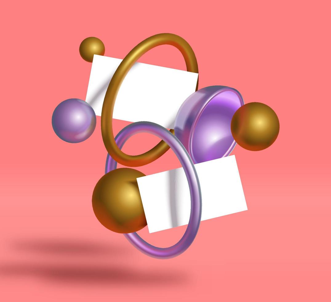 visitenkartenmodellschablonenvektor mit 3d-realistischem pastell schillerndem holografischem und goldenem abstraktem geometrischem dekor vektor