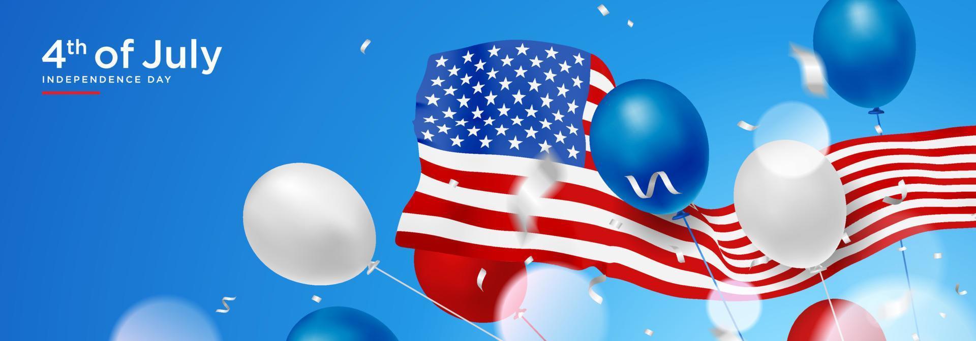 4 juli USA självständighetsdagen firande banderoll med vågig flagga, ballong och konfetti 3d vektormall vektor