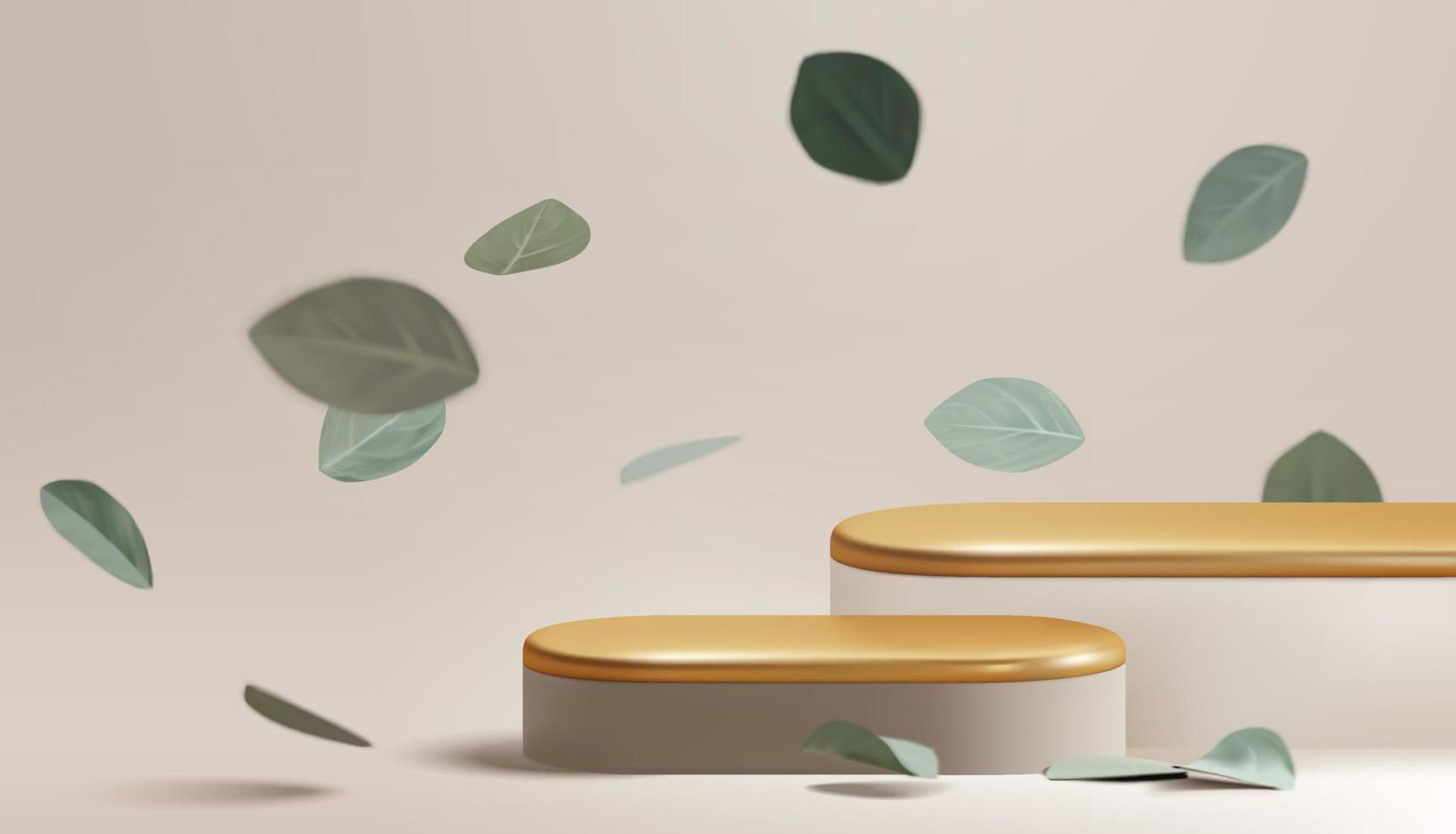 vacker tom guld pastell podium med fallande eukalyptusblad. skönhet kosmetisk produkt display plattform scen mockup. 3D realistisk vektor