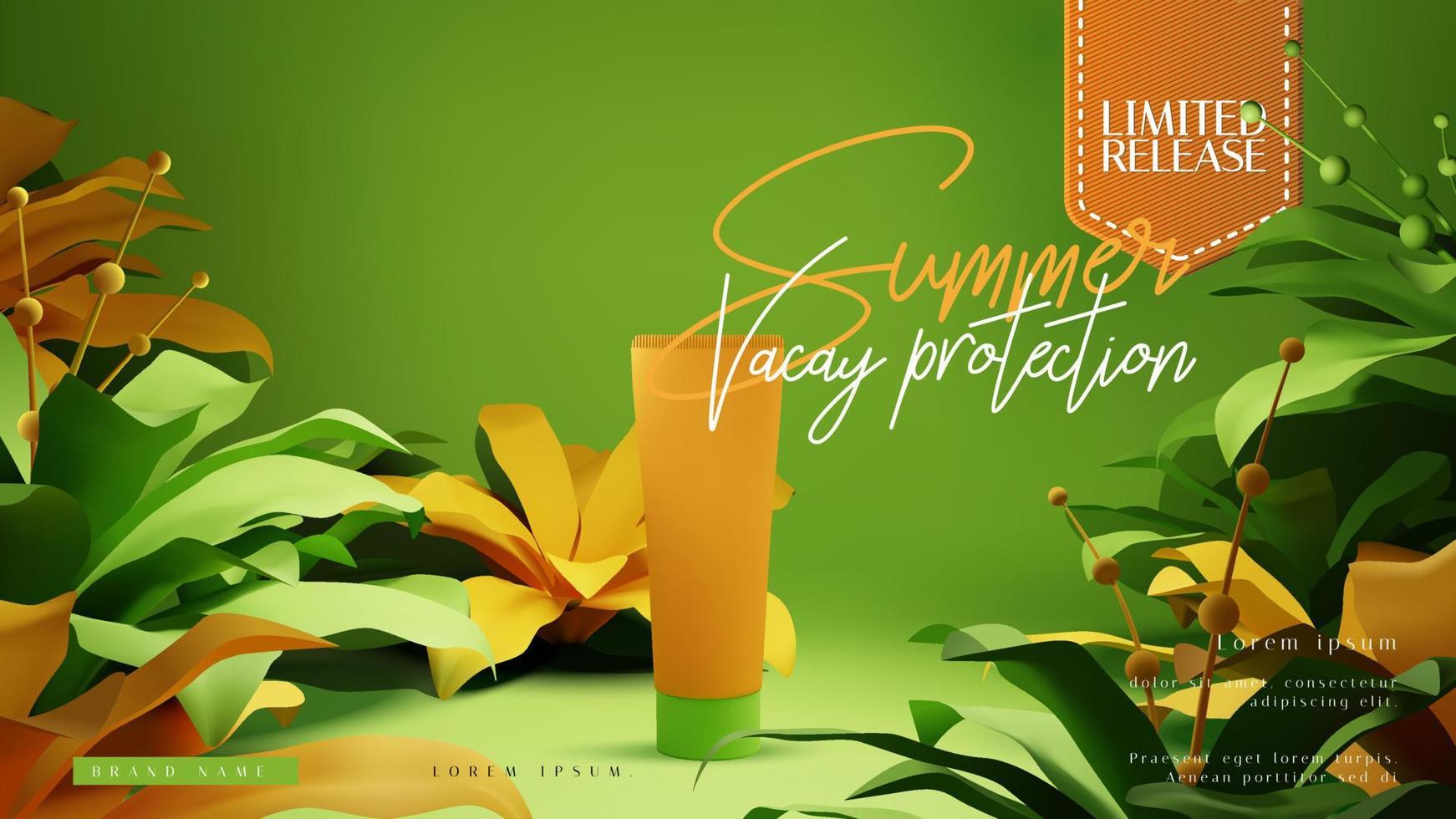ljus färgglad tropisk sommarstil kosmetiska flaska annonser eller presentationslayoutmall, modern trendig realistisk djungel växt lövverk scen vektor illustration bakgrund