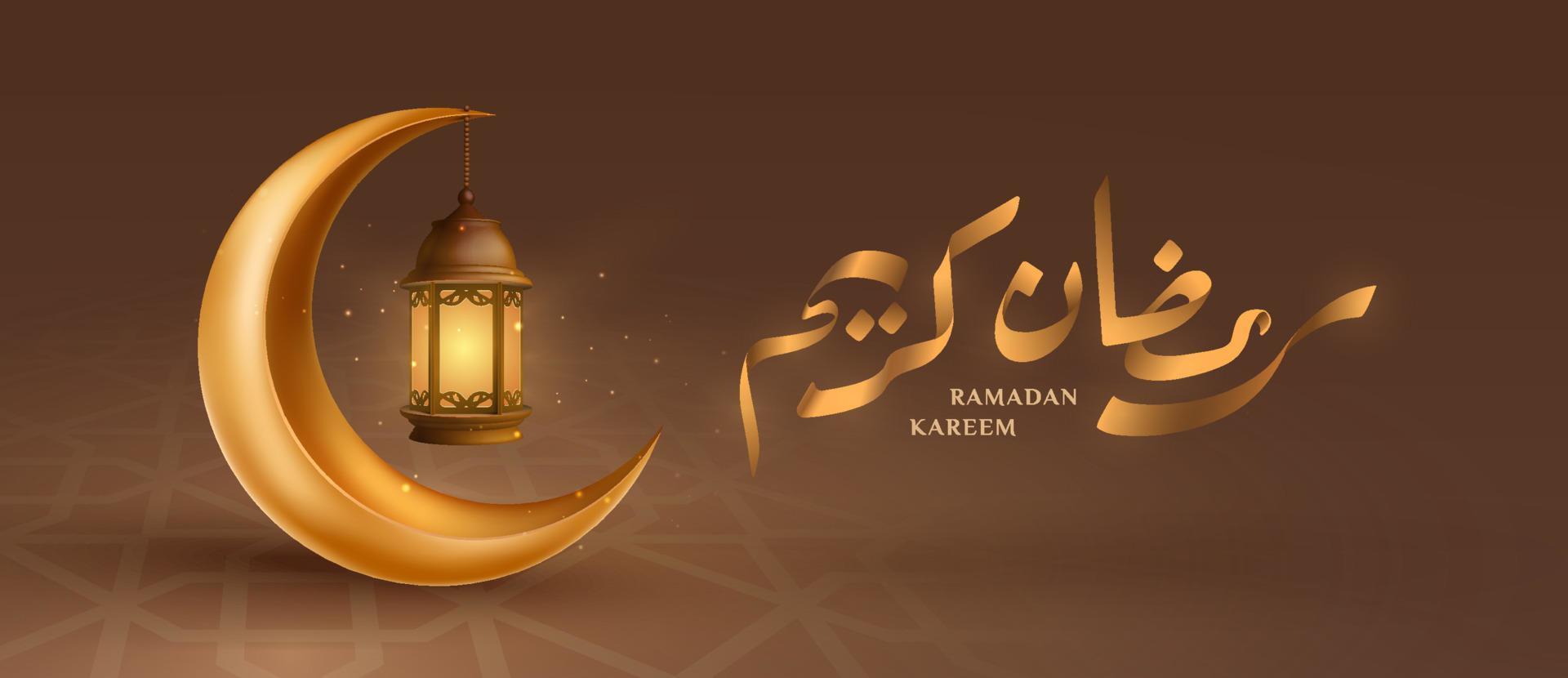 halvmåne och lykta gyllene ramadan kareem gretting banner med arabiska bokstav kalligrafi 3d bakgrund illustration vektor