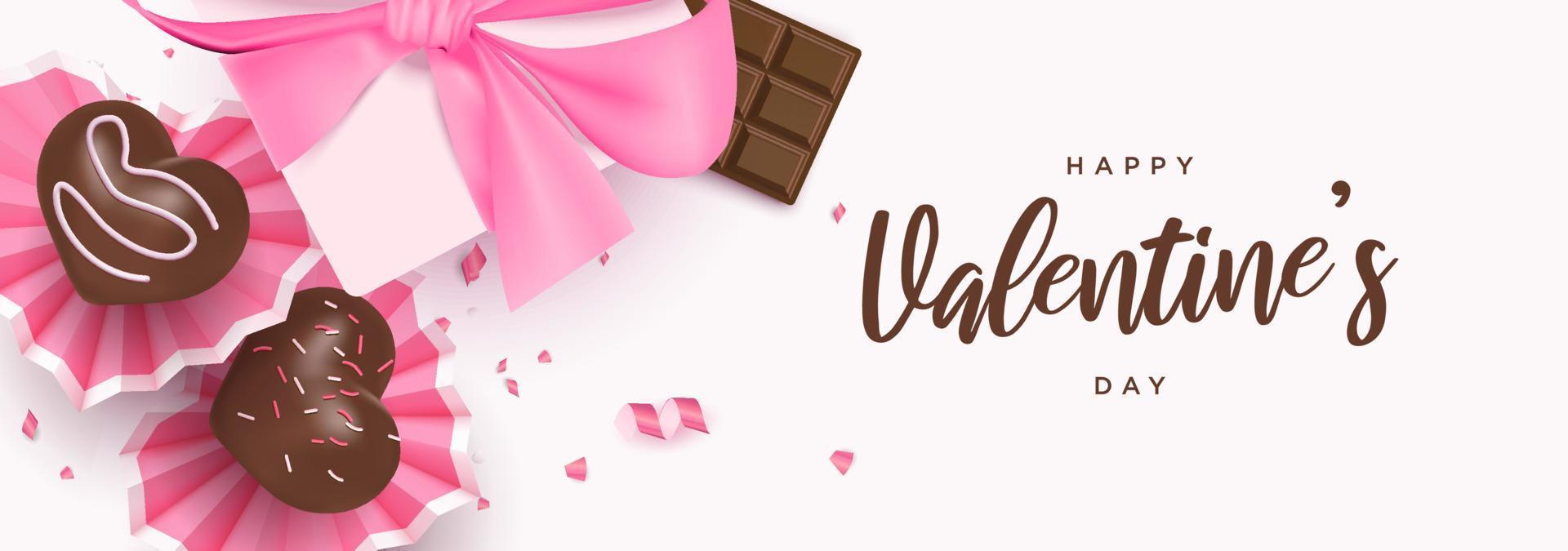 glad alla hjärtans dag banner med söta hjärta desserter, chokladkaka, presentask bakgrund mall vektorillustration vektor