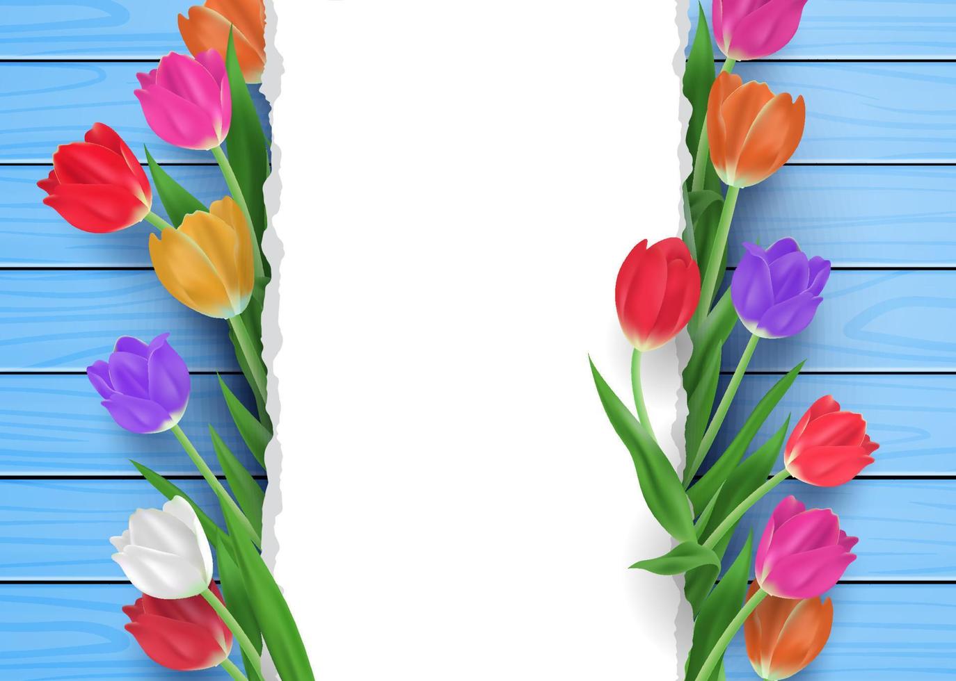 frühlingsverkauf promo mit bunter tulpenblumenblumenstraußhintergrundrahmenschablone 3d-vektorillustration vektor