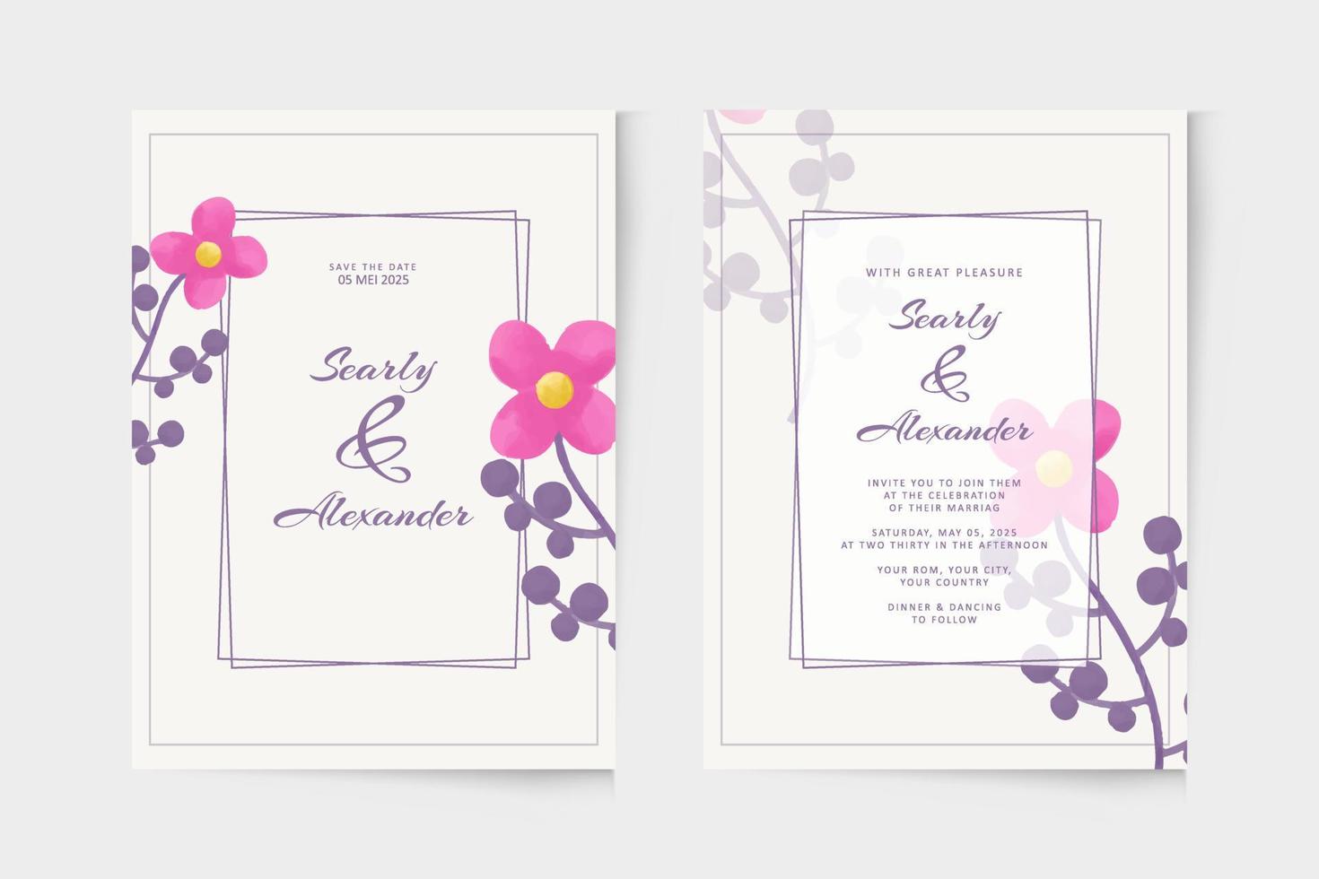 enkel mall för bröllopsinbjudan med rosa blommig akvarellprydnad vektor