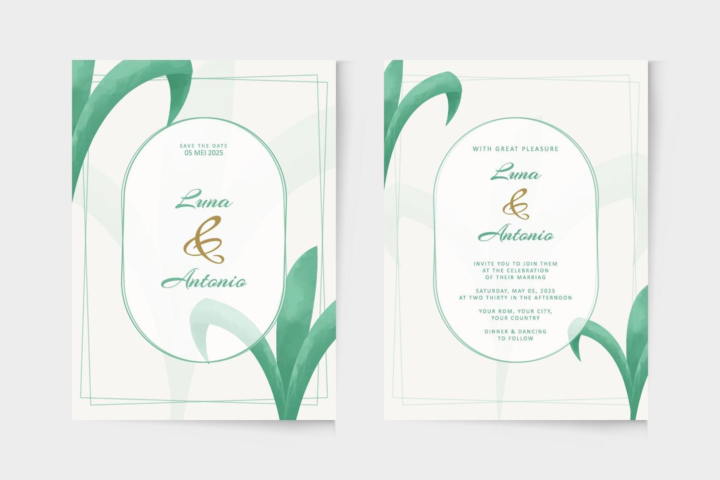 bröllopsinbjudan mall med grön växt akvarell vektor