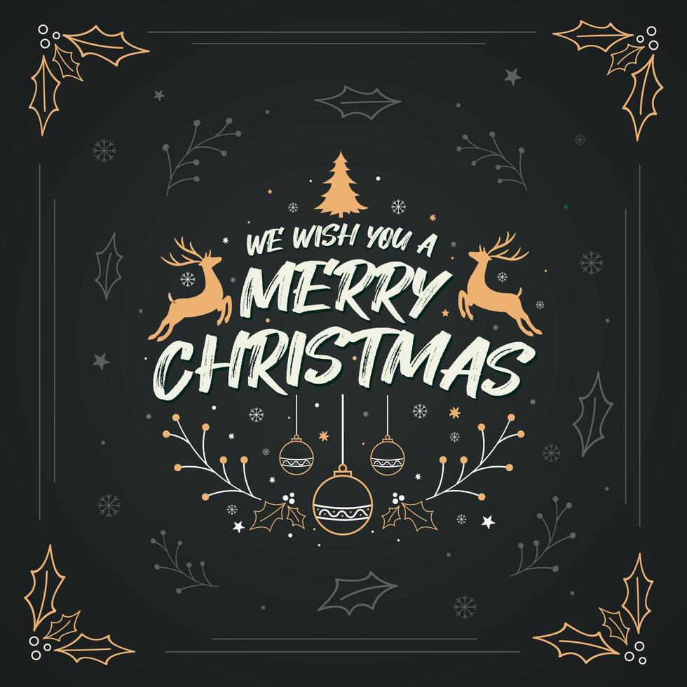 vi önskar dig en god jul, god jul gratulationskortdesign med snöflingor, järnek, stjärnor, rådjur och andra juldekorativa element. vektor