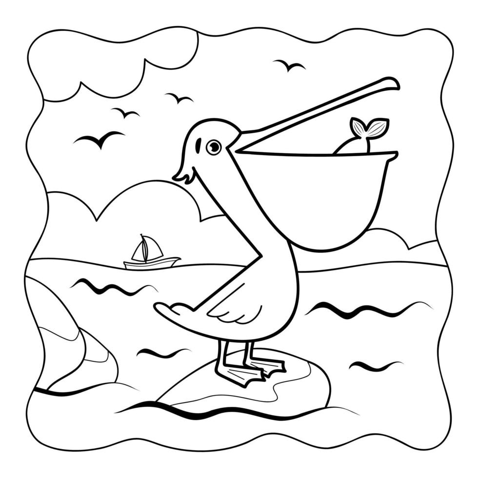 Pelikan schwarz und weiß. Malbuch oder Malseite für Kinder. Naturhintergrund vektor
