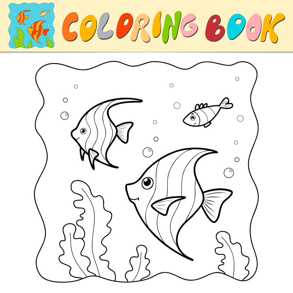 målarbok eller målarbok för barn. fisk svart och vit vektor. marin bakgrund vektor