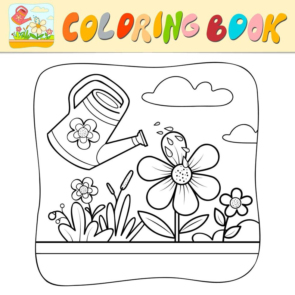 målarbok eller målarbok för barn. blommor och vattenkanna svart och vit vektor. natur bakgrund vektor