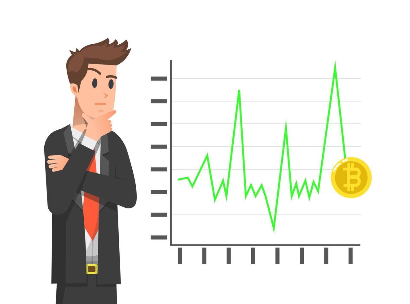 Ein Geschäftsmann analysiert Bitcoin-Fluktuationen vektor