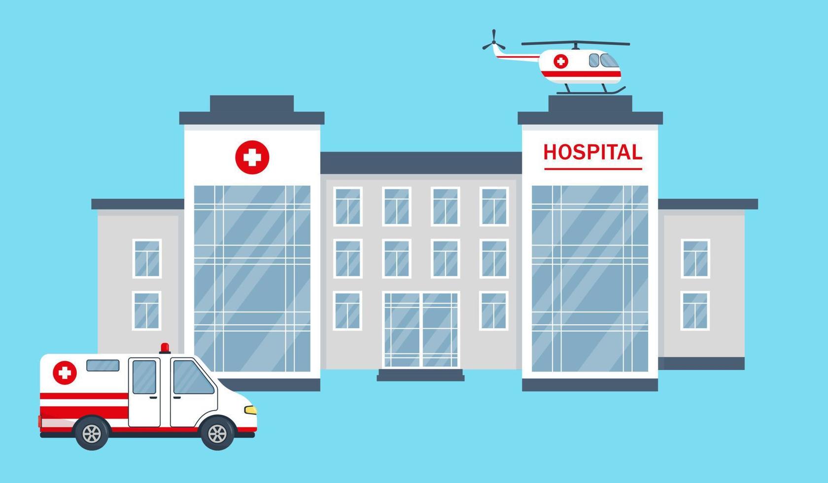 Krankenhaus- oder Klinikgebäude, Auto und Hubschrauber. gesundheits-, medizin- oder notdienstkonzept. vektorillustration im flachen stil lokalisiert auf blauem hintergrund. vektor