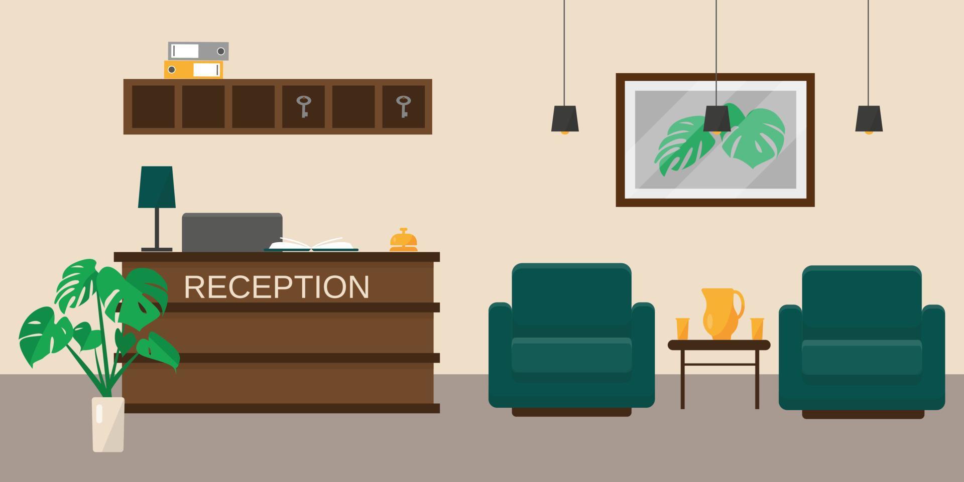 hotell- eller kontorsreception. resot hall inredning. vektor illustration.