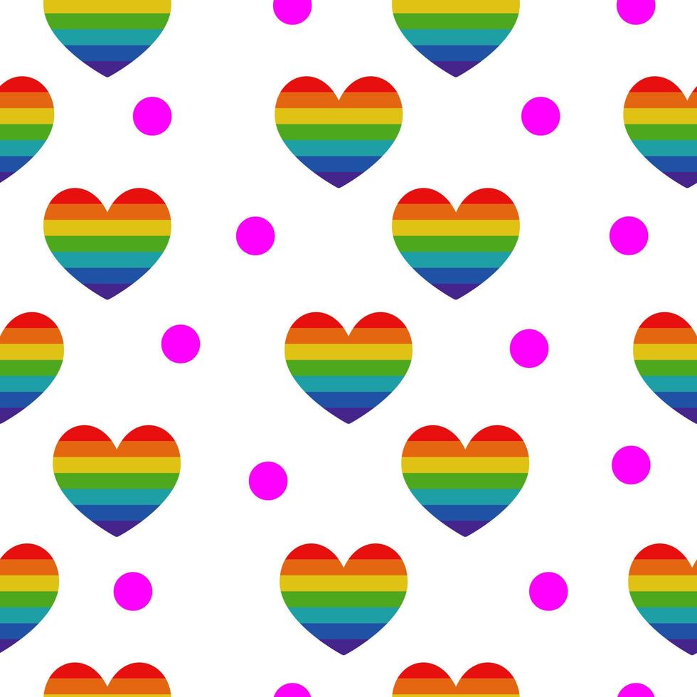 pride seamless mönster, regnbåge hjärta och rosa prickar på vit bakgrund vektor