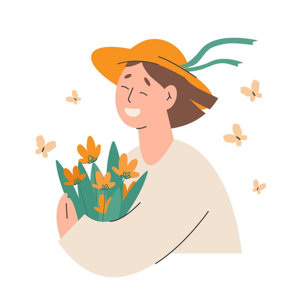ung glad kvinna i en hatt som ler och håller blommor vektor