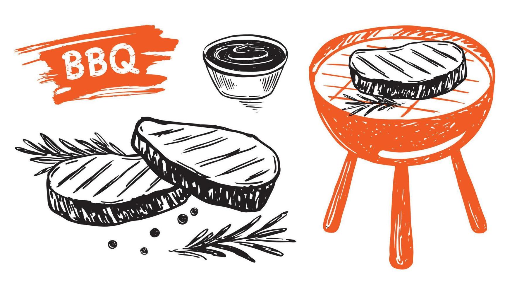 stek grillad, grill, handritad stil. vektor illustrationer.