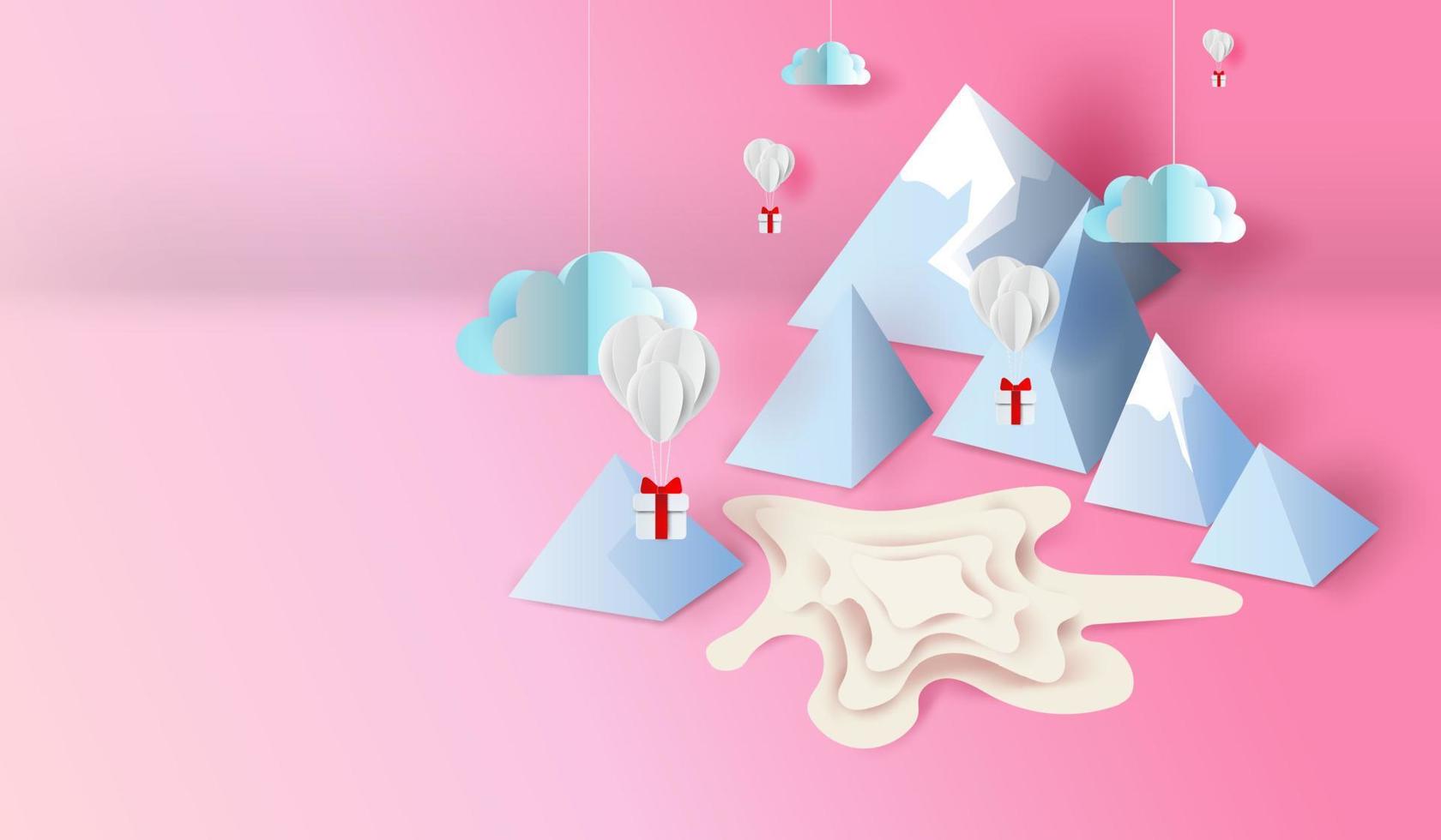 3d-papierkunst und handwerksdesign des bergblick-szenenteichs, luftballons mit geschenk schweben in der süßen pastelltonfarbe des himmels. wolken in der luftdraufsicht vektor