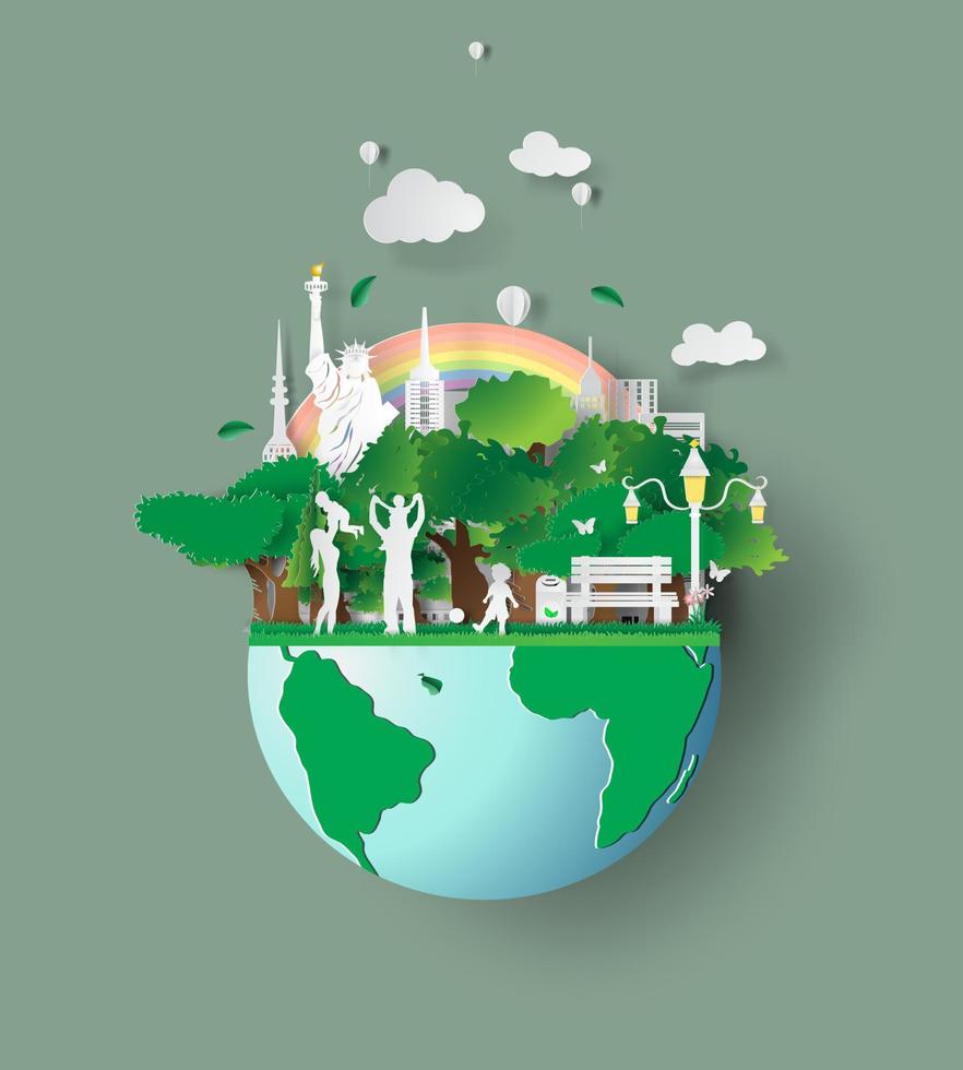 papperskonst av miljövänligt familjekoncept och jorden med miljödagen. räddar världens miljö med familjen. barn leker i gräset park.digital papper hantverk style.vector illustration vektor